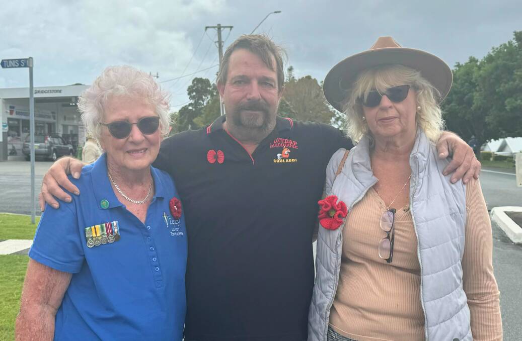 Joy Allen, Russel Tate and Nicole Wallace at the 2024 Anzac Day march. Picture by Abi Kirkland