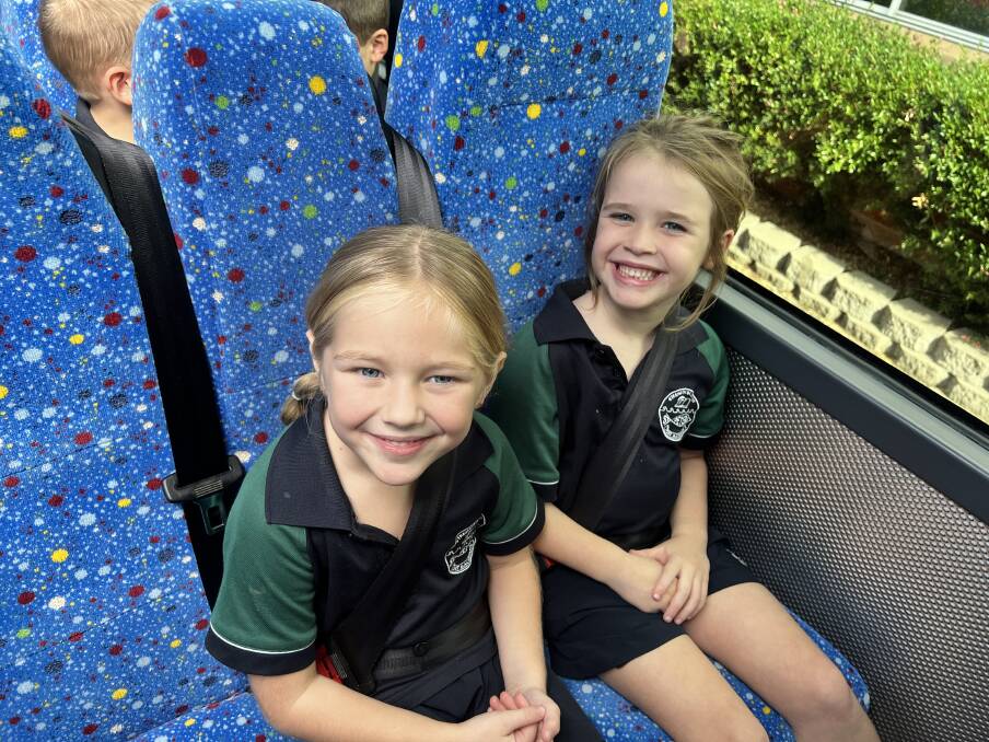 St Peter's Primary School students Cali and Stevie on the bus. Picture supplied by Busways