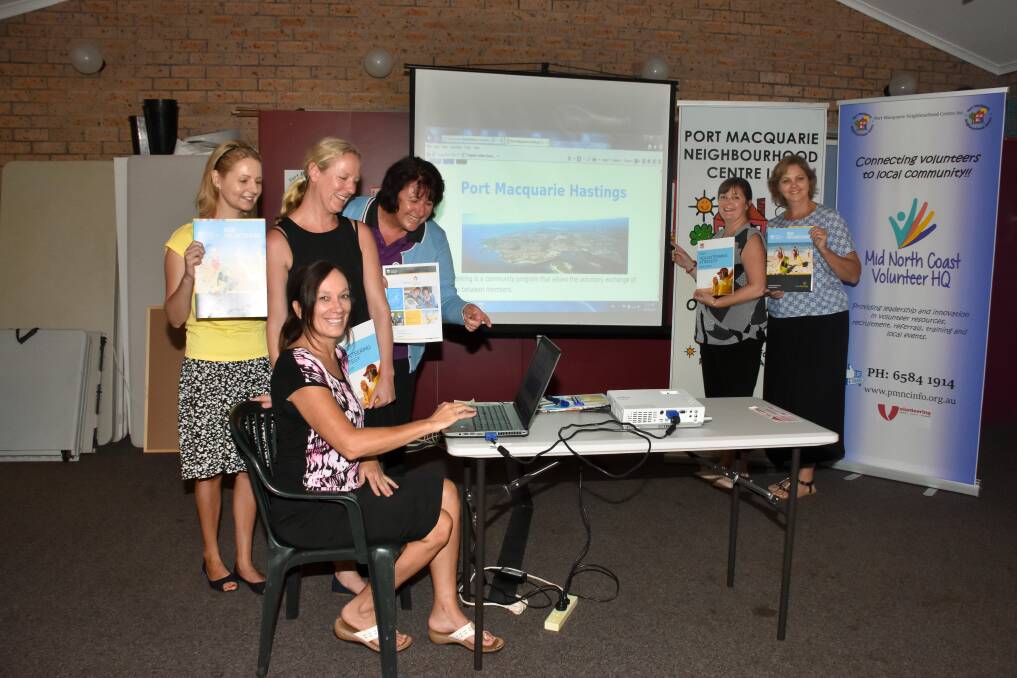 Volunteer credits: Bec Miles (seated) with Courtney Bridge, Jo McNamara, Julie Atkiss and Alison Sherratt and Julie Trowbridge at the launch of Timebanking at the Port Macquarie Neighbourhood Centre.