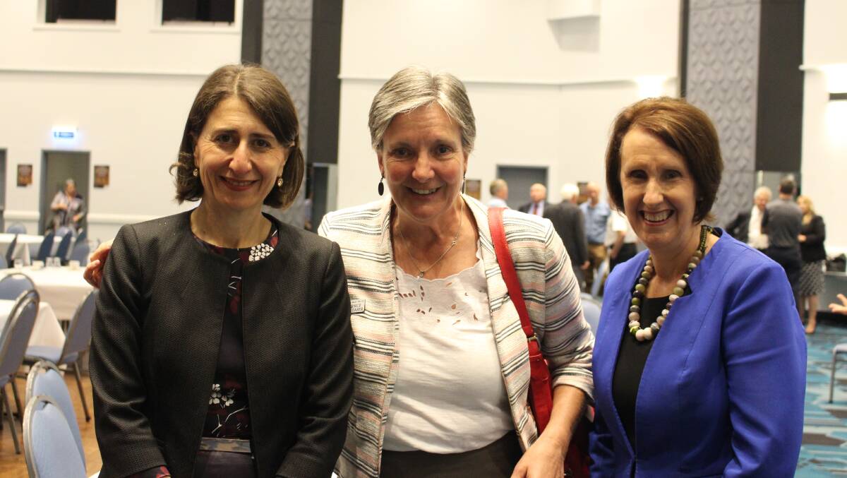 NSW Premier Gladys Berejiklian and Port Macquarie MP Leslie Williams with Hastings Valley Fine Art Association president Bernice Daher.