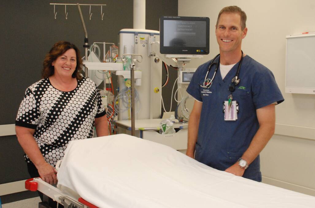 Emergency training: EMET Program Support Officer Robyn Finn and Dr Digby Hone at Port Macquarie Base Hospital.