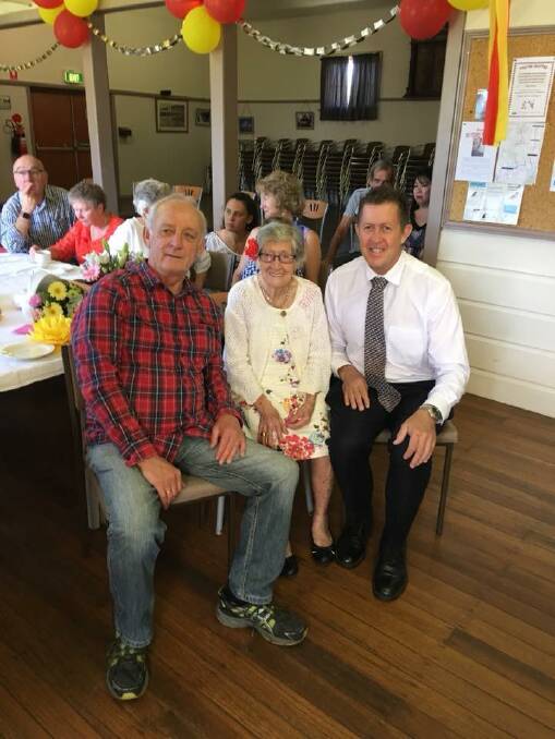 Happy birthday: Rosa Belcher celebrating her 99th birthday with son, Patrick and Cowper MP Luke Hartsuyker. Photo: Telegraph Point Community Association