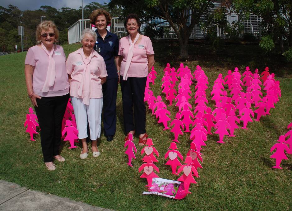 Mini fields: Port Macquarie Hastings Breast Cancer Support Group members Gloria Caswell, Monica Doyle and Judith Hutchesson with MNCLHD Breast Cancer Support Nurse Joanne Woodlands (second from right) with the mini field of pink women.
