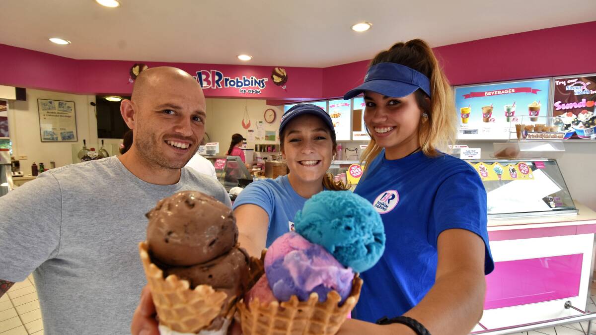 Australian record: Baskin Robbins Port Macquarie franchise owner Beau Farrell with staff members Olivia Groth and Bri Gee celebrating the store smashing a national record.