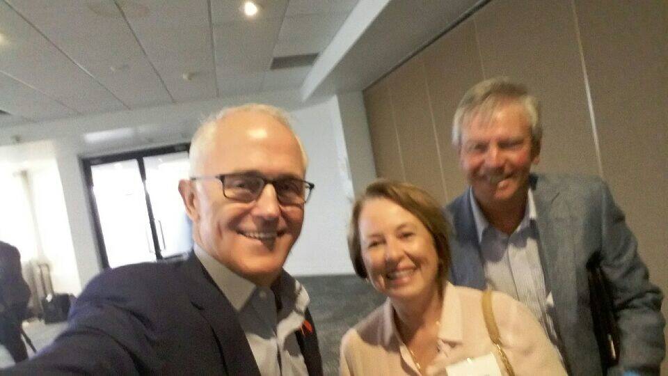 The selfie: Prime Minister Malcolm Turnbull with John Geisker and Beverley Thompson at Wednesday's roundtable in Port Macquarie. Photo: supplied