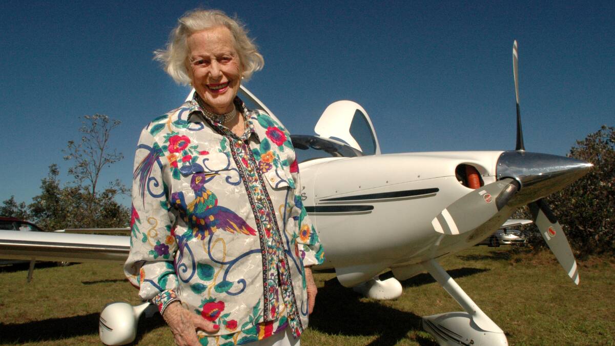 Nancy-Bird Walton lived for a time in Mount George where her father operated the general store. She is pictured at the Old Bar Heritage Airstrip. Photo: Scott Calvin