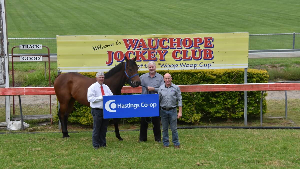 Better than ever Boxing Day: Hastings Co-op's Allan Gordon and Tim Walker with Greg Partridge from Wauchope Jockey Club and racehorse Rocket Monkey.