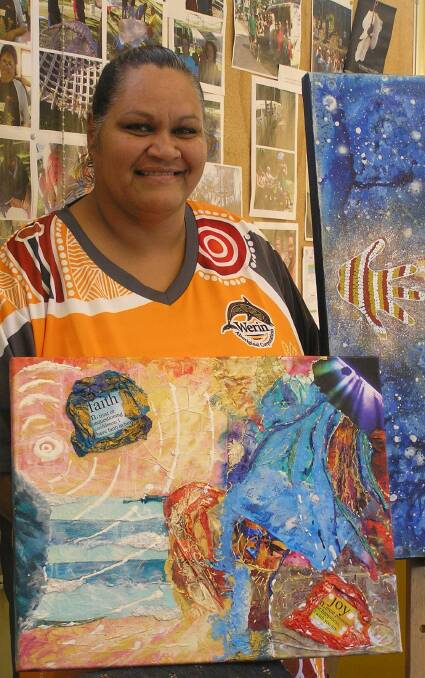 Rediscovered talent - Verqelle Fisher with some of her creations at TAFE, where an Aboriginal art class led to an exhibition at the Glasshouse.