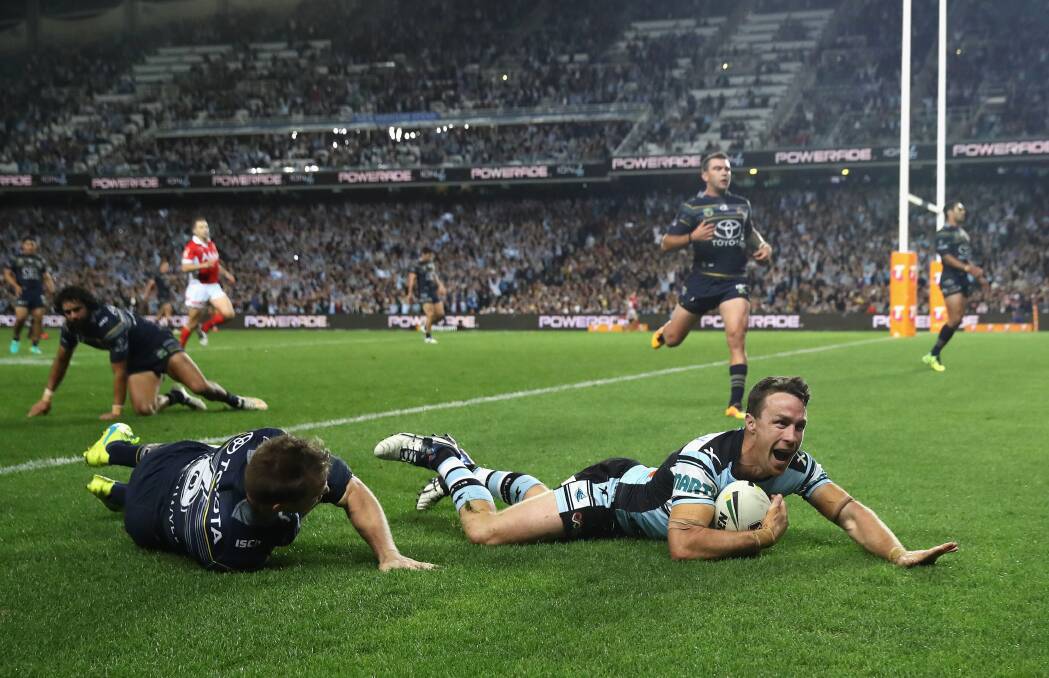 Try-time: Sharks five-eighth James Maloney holds the key to Sunday's NRL grand final. Photo: Getty Images