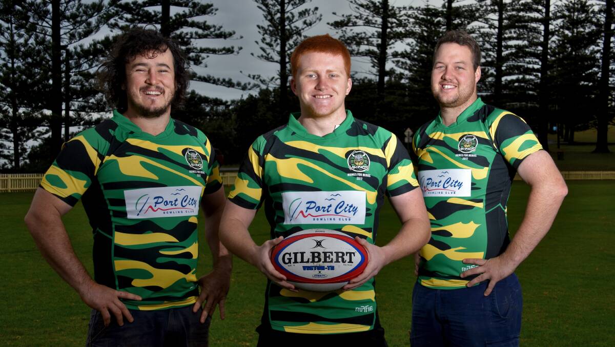 Special cause: Hamish McCormack, Harry Hanley and Lyndon Gale in the specially designed jerseys first grade will wear on Saturday. Photo: Matt Attard.