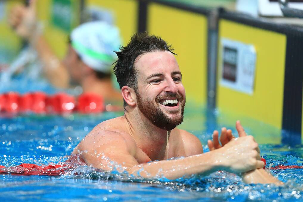 Ready to go: James Magnussen smiles after finishing in second place in the 100-metre freestyle at the 2016 Australian Swimming Grand Prix. Photo: Chris Hyde/Getty Images.