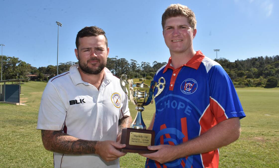 On the line: Macquarie Hotel and Wauchope RSL captains Josh Hyde and Matt Miller with the May Kelly Cup. Photo: Paul Jobber