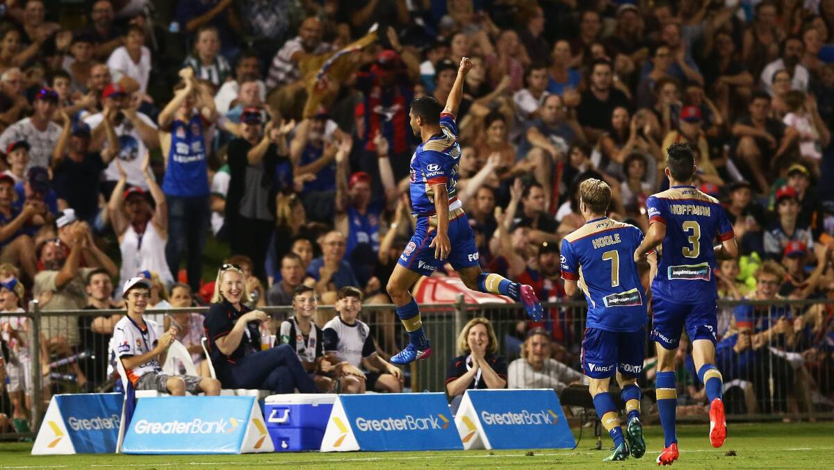 Crowd reaction: Andrew Nabbout celebrates after scoring against Melbourne City in Coffs Harbour in January. Photo: Getty Images