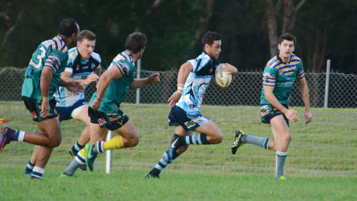 Try time: Breakers fullback Cody Robbins scored twice in their victory over Taree City on Sunday. Photo: Scott Calvin