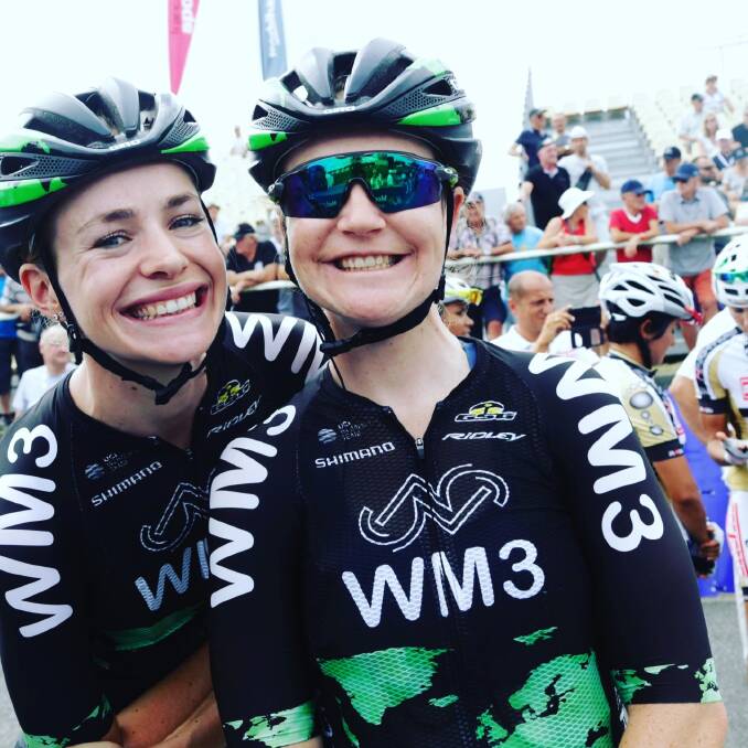 Friends: Lauren Kitchen with team mate Riejanne at GP Plouay in France, the end of August.