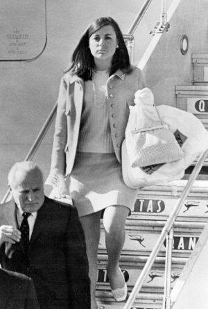 Sue Holt alighting from the royal jet in Melbourne, December 1967, to attend her uncle's memorial service. Photo: Photographer unknown