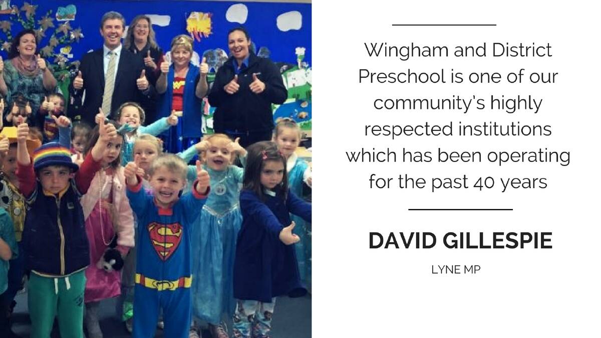 Wingham and District Preschool staff and students and Federal Member for Lyne Dr David Gillespie are celebrating a major grant win for the preschool.