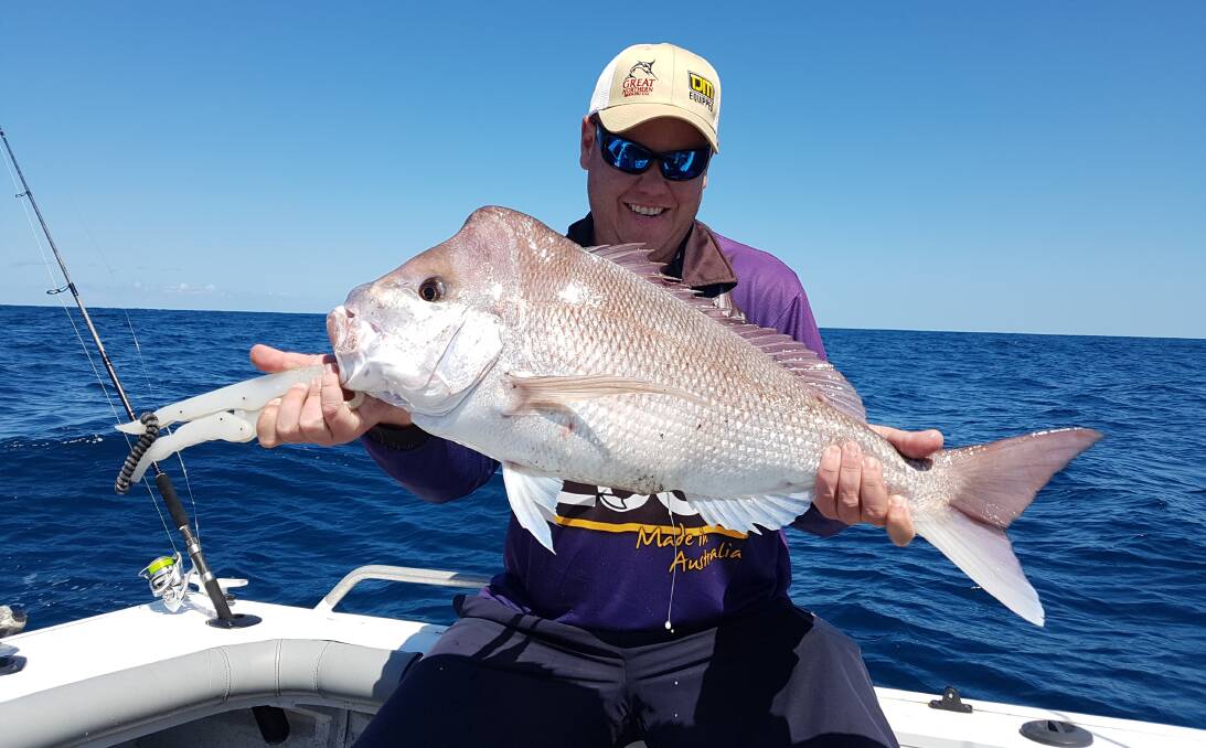 Snapping out to sea: Our Berkley Pic of the Week is Shane Banks showing off this terrific snapper caught on a soft plastic in line with Port's CBD. He released it to fight another day. 