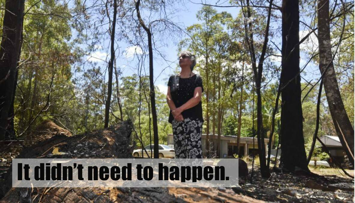 Anne Dyball looks out at the burnt-out sections of her Kundabung property.  CLICK THE PHOTO TO READ THE FULL STORY