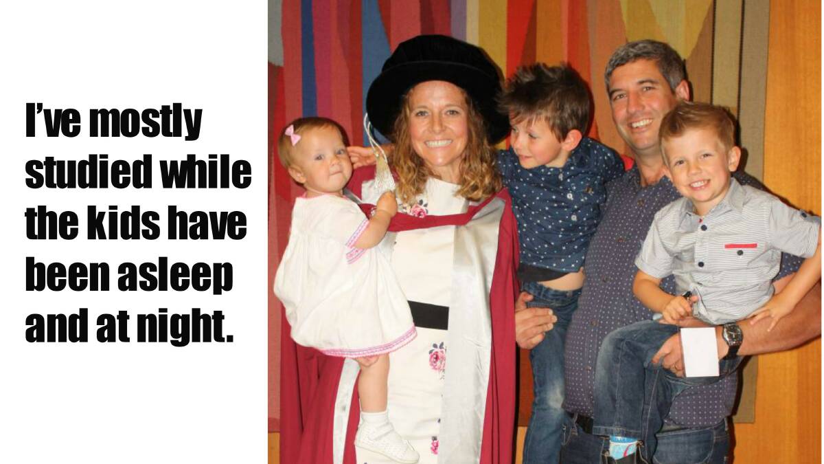 Dr Katie De Luca with her husband, Troy, and children Ivy, Marcus and Alex on her graduation night.  CLICK THE PHOTO TO READ THE FULL STORY