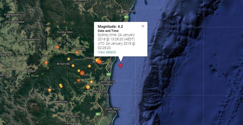 At around 2.28pm January 24, an 4.2 magnitude earthquake occurred in the ocean off the coast of Urunga.

   
