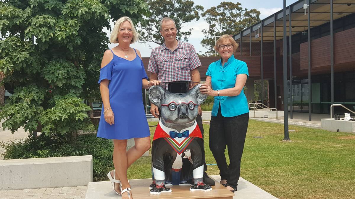 NEW KOALA: Artist Kim Staples, Greg Linsdell from CSU and Margret Meagher Project Director for Hello Koala. Photo: Laura Telford.