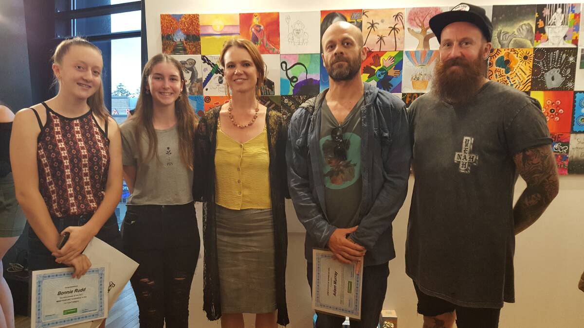 ALL ABOUT ART: Winners in the 17-18 year old category Bonnie Rudd, Lilli McLean Prosser, with judges Mel Casey, Adam Murray and Simon Luxton. Photo: Laura Telford