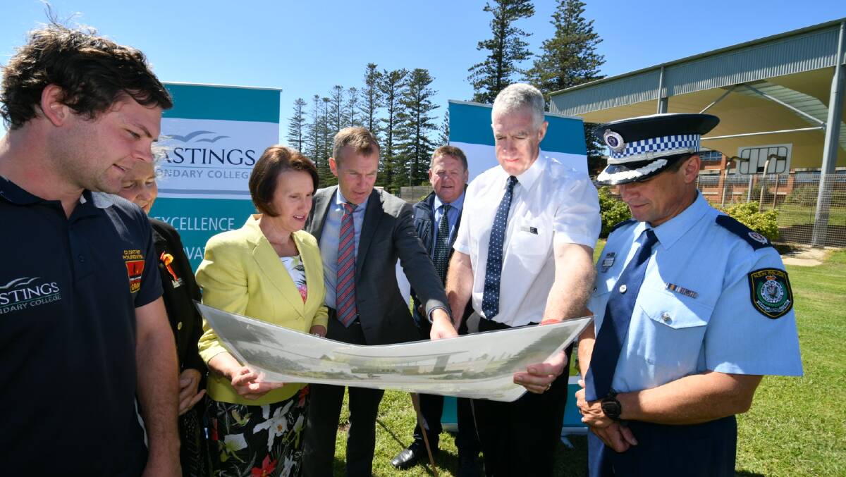 GO AHEAD: Member for Port Macquarie Leslie Williams and State Education Minister Rob Stokes with Clont Tarf Operations Officer, Jeremy Smith, Principal of Hastings Secondary College, Port Macquarie, Loraine Haddon, PCYC General Manager of Property, Lester Stump, Acting Deputy Principal, Geoff Duck and Assistant Police Commissioner Capability Performance and Youth Command, Joe Cassar. Photo: Ivan Sajko