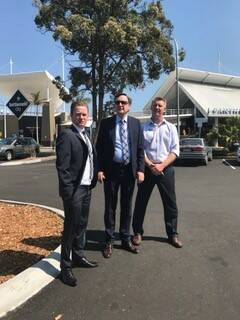 GOOD DAY: Brian Fletcher, CEO, Panthers Group with Jamie Williams, General Manager, Panthers Port Macquarie and Brett Varcoe, Centre Manager – Settlement City to unveil the newly resurfaced carpark.