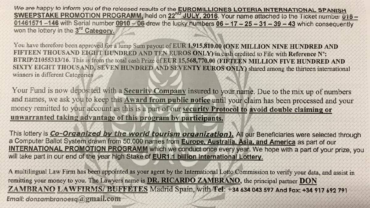 Scam alert: The letter outlined that the couple had won close to two million euros and said the fund was deposited with a security company to their name. 