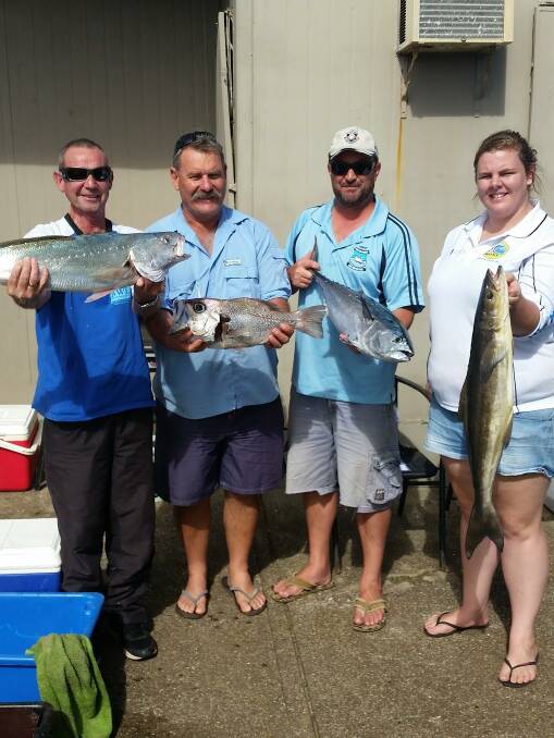 Club weigh-in: Mark Hainsworth with a Mulloway (Jewfish), Ashley Roods with a Pearl Perch, Trent Cooper with a Mack Tuna and Kate Shelton with a Cobia (Black Kingfish) on April 23. Photo: supplied 