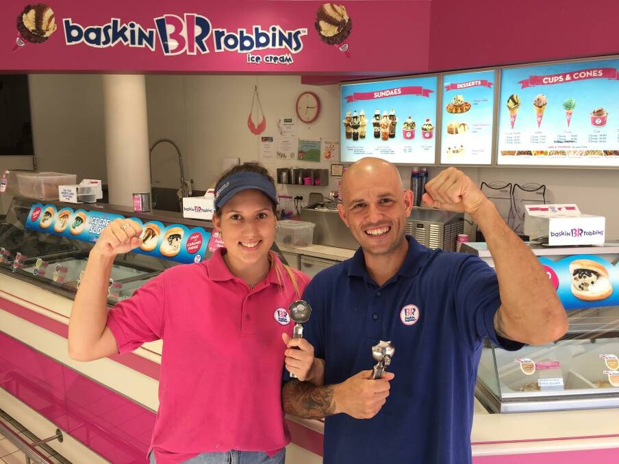 Winners are grinners: Port Macquarie Baskin Robbins franchise employee Ebony Taylor with owner Beau Farrell. The franchise achieved the Highest Comparison Growth and Highest Single Week Turnover Record in 2016. 
