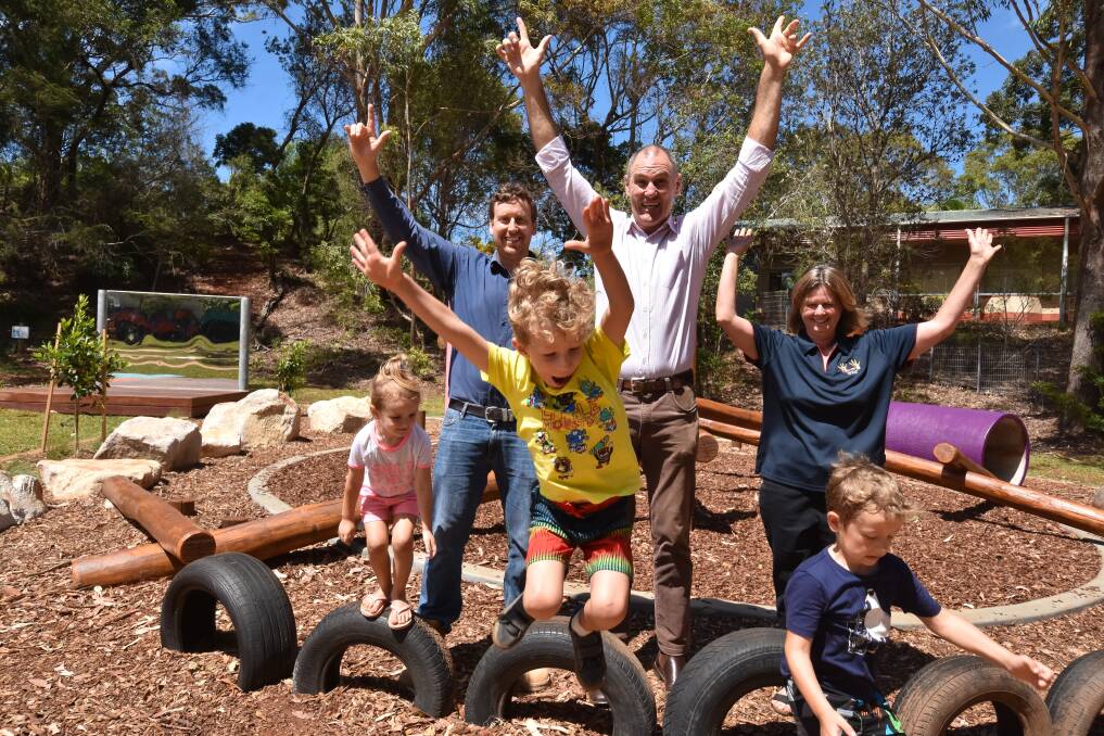 Enthusiasm: Lendlease project manager Ken Edwards, Port Macquarie-Hastings Council mayor Peter Besseling, Hastings Preschool & Long Day Care Centre director Meryl Trotter with children Lilly Anstis, Zade Wiersma and Jett Gibney.