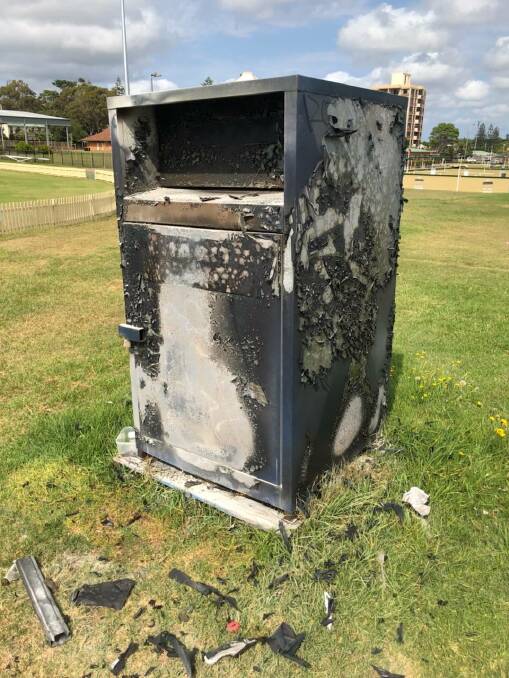 The Oxley Oval Lifeline donation bin destroyed by fire.