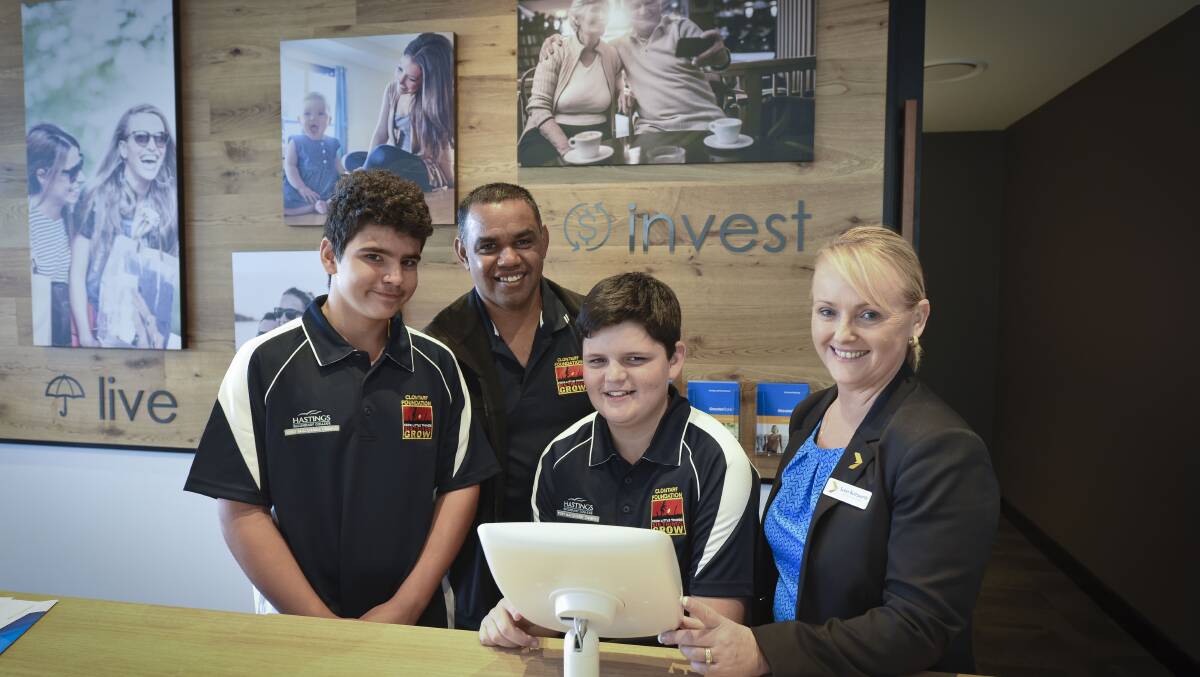 Jack Jones (Year 7 student - Hastings Secondary College, Port Macquarie Campus), Vincent Scott (Clontarf Foundation operations officer), Tyson Watt (Year 8 student - Hastings Secondary College, Port Macquarie Campus) and Sue Buttsworth (Greater Bank Port Macquarie branch manager).