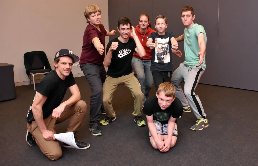 In theme: Bell Shakespeare's Felix Jozeps with students from Hastings Home Education Group Jackson Walsh, Talia Falckh, Liam Marshall, Ross Flackh, Kai Edwards and Xavier Dancet.