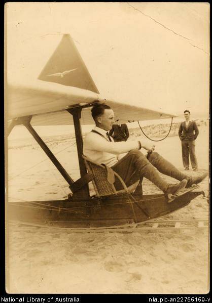 Ken Andrews watches his mentor Professor Tommy Leech at the controls of the glider Andrews designed (Family picture now in the National Library of Australia)
