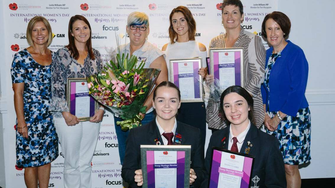 Hastings Business Women's Network (HBWN) president Kelly King (left) and Leslie Williams MP (right) with winners of the 2017 Hastings Heroine Awards.