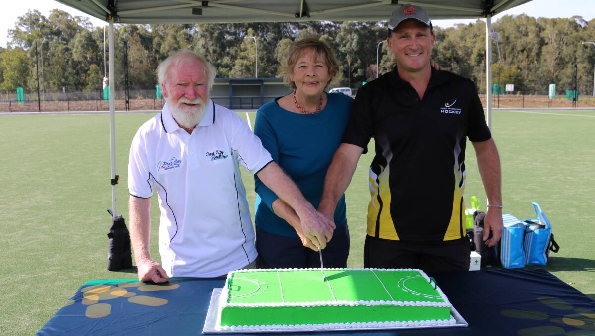 Open: The second hockey field is complete. Pictured is Ken Little, deputy mayor Lisa Intemann and Simon Thresher.
