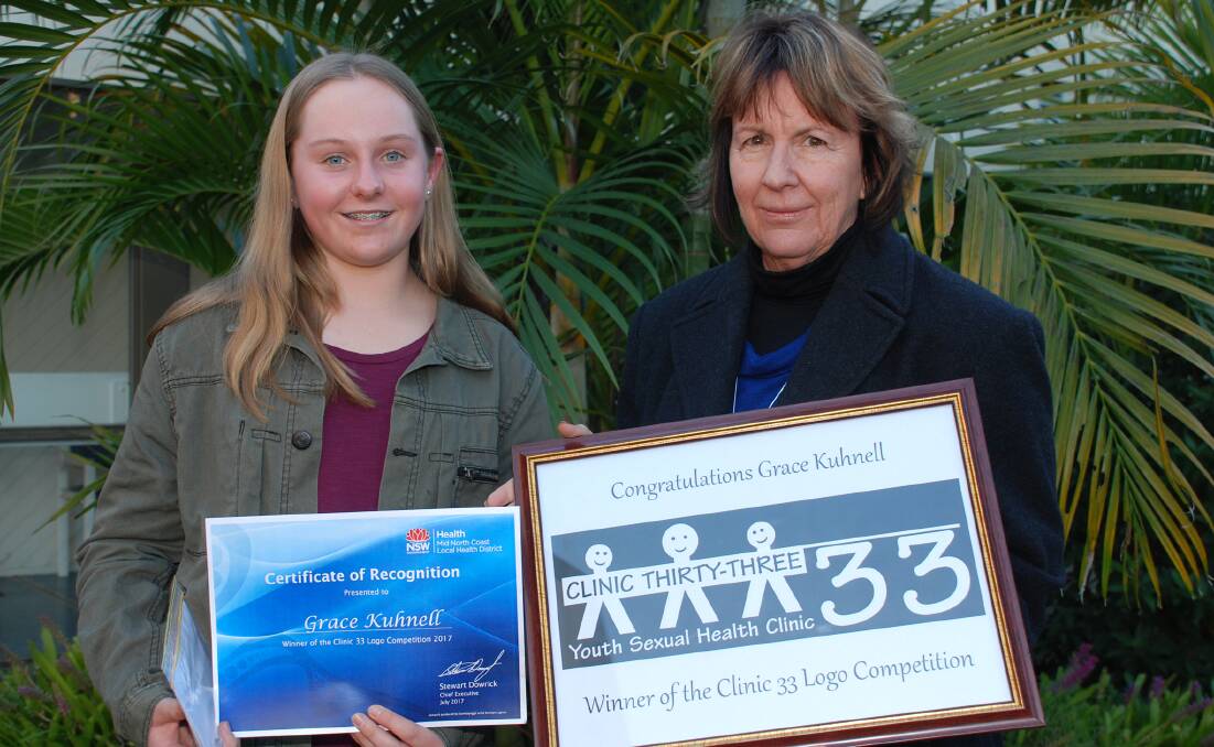 Winning entry - Grace Kuhnell, 15, from Mackillop College with Mid North Coast Local Health District Sexual Health Counsellor Lynelle Wood.