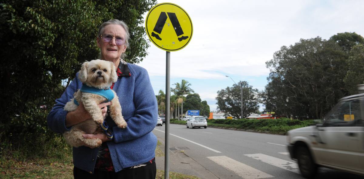 Dangerous crossing: Pensioner Hazel Fenning and her dog Prince take care at the Hastings River Drive pedestrian crossing.