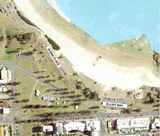 Naming proposal: Alban Place and Elliot Way are proposed road names at Town Beach. Image: Port Macquarie-Hastings Council March business paper