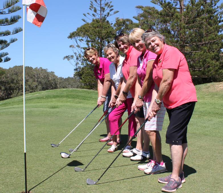 Port Macquarie Women’s Golf Club members Josie Mockford, Margaret Swan, Di Collocott, Nancy Whitley and president Wendy Gordon prepare for the charity golf day.