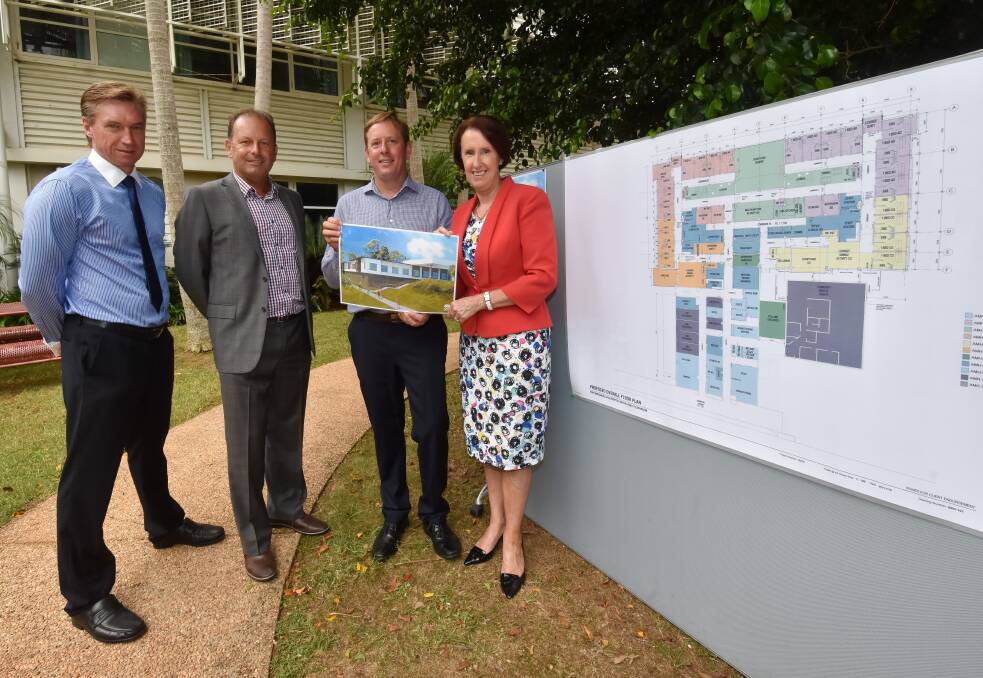 Mental health unit expansion: Mid North Coast Local Health District chief executive Stewart Dowrick, project director Health Infrastucture David Bedingfeld, acting manager mental health Alan Pretty and Port Macquarie MP Leslie Williams inspect the schematic design for the expanded Port Macquarie Base Hospital mental health unit.