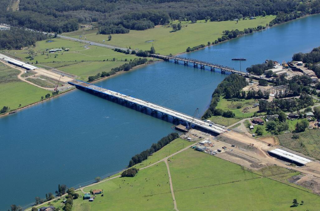 Bridge progress: Aerial view of the new bridge across the Hastings River which forms part of the Pacific Highway upgrade.