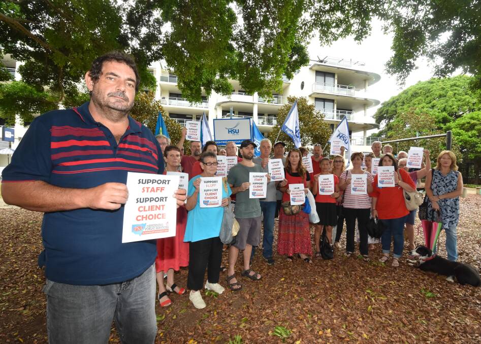 Concerns voiced: Ageing, Disability and Home Care Public Service Association Mid-North Coast delegate Nick Gluckstern-Hill and union members rally against the pending privatisation of public disability services. Photo: Ivan Sajko