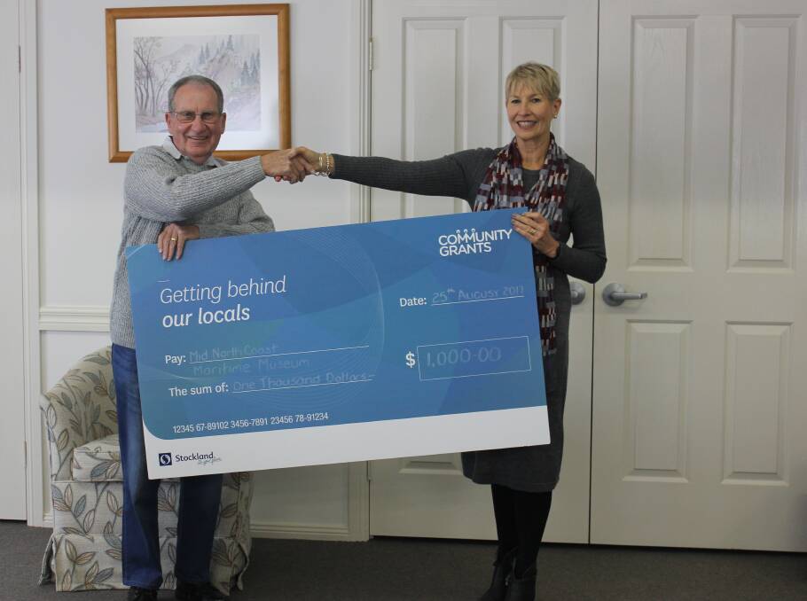 Helping hand: Mid North Coast Maritime Museum coordinator Ted Kasehagen receives the Stockland Community Grants cheque from Lincoln Gardens Retirement Village manager Sue Reid.  