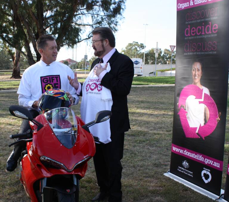 Ride with meaning: Cowper MP Luke Hartsuyker and transplant recipient Senator Derryn Hinch at the launch of Mr Hartsuyker’s ride for organ donation.