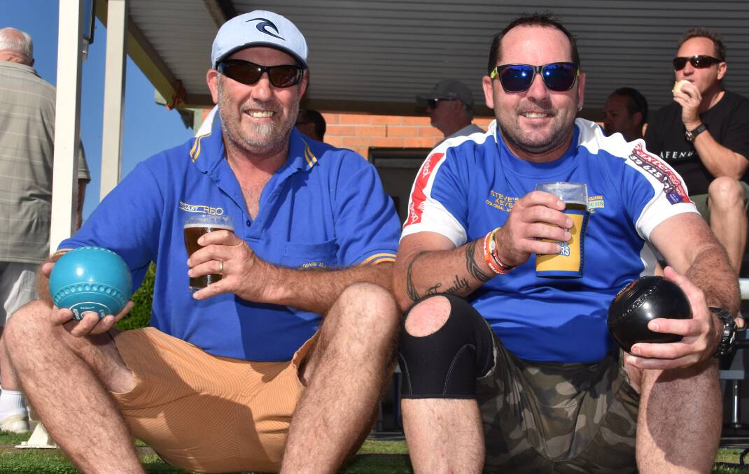 Darren Harmer and Rob Wicks support the bowls afternoon at Port City Bowling Club as part of the reunion weekend.