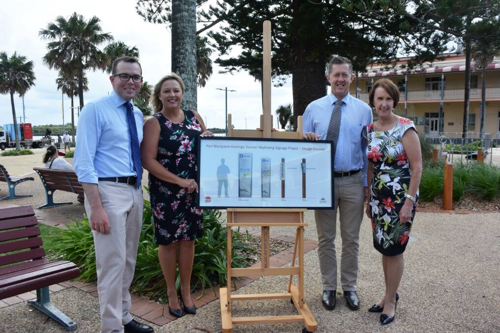 Partnership: NSW Minister for Tourism and Major Events Adam Marshall, mayor Peta Pinson, Cowper MP Luke Hartsuyker and Port Macquarie MP Leslie Williams support the wayfinding signs project.